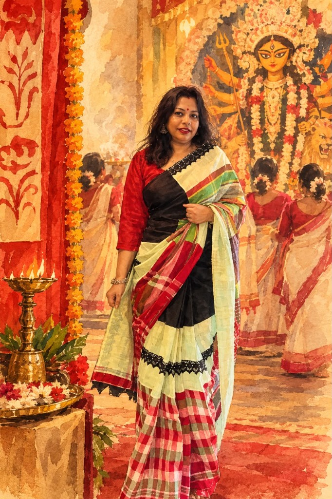Multicolour Fusion Gamcha Saree with Lace