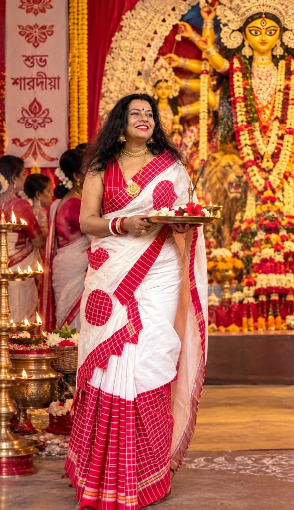 Red Checkered Circle Gamcha Saree