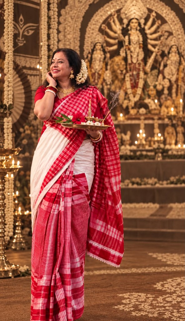 Red & White Checkered Gamcha Saree