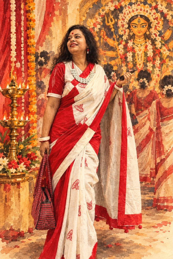 Red & White Gamcha Saree with Tassel Detail