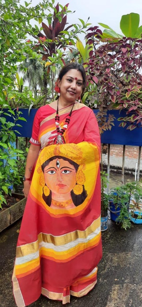 Client in gamcha saree with shell jewellery