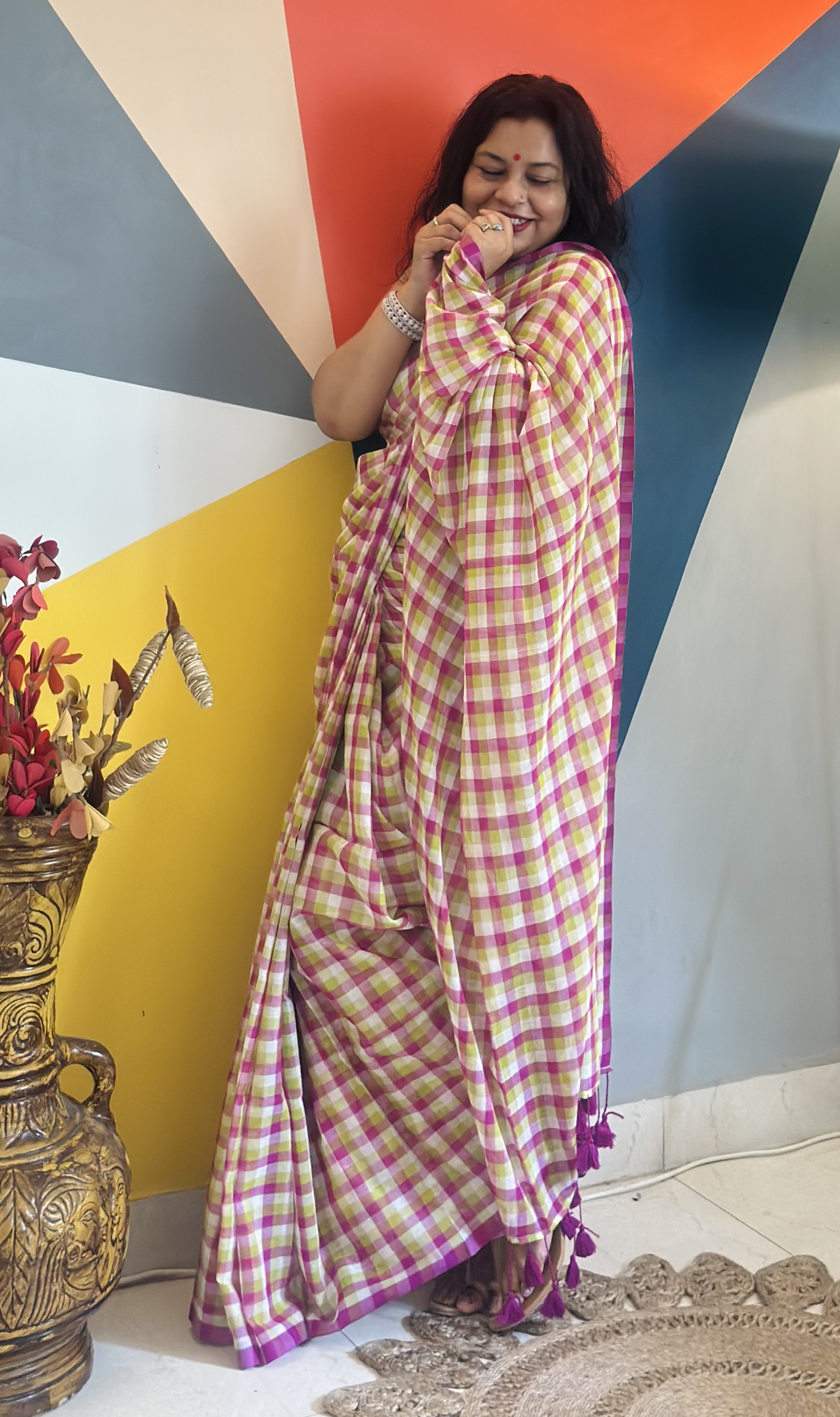 Cotton check saree — alternate view