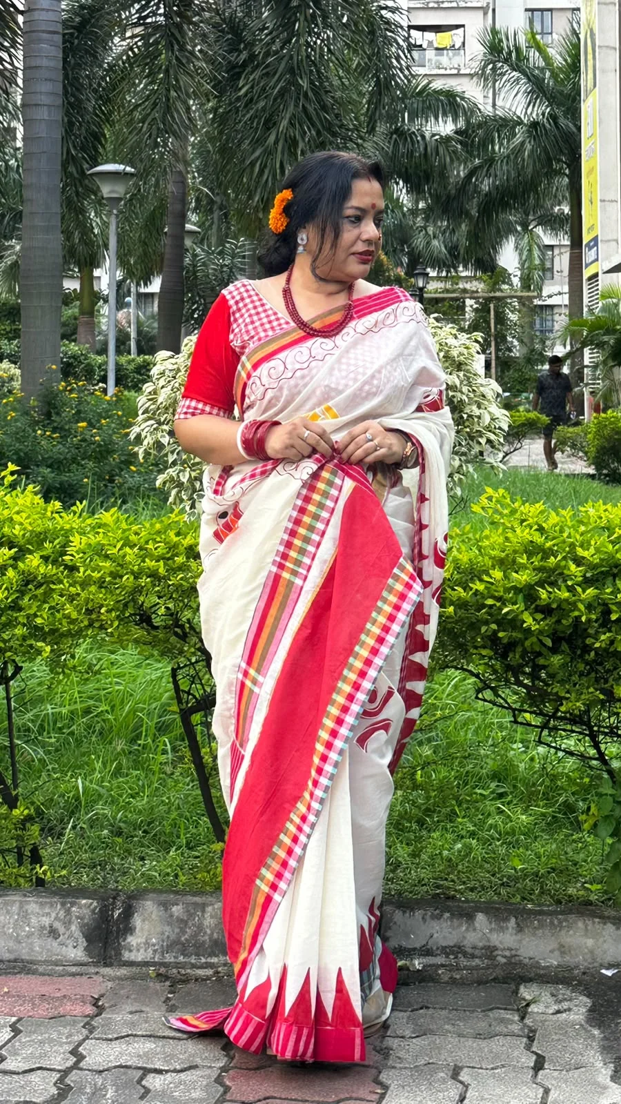Maa Durga Motif handpainted cotton saree with gamcha border