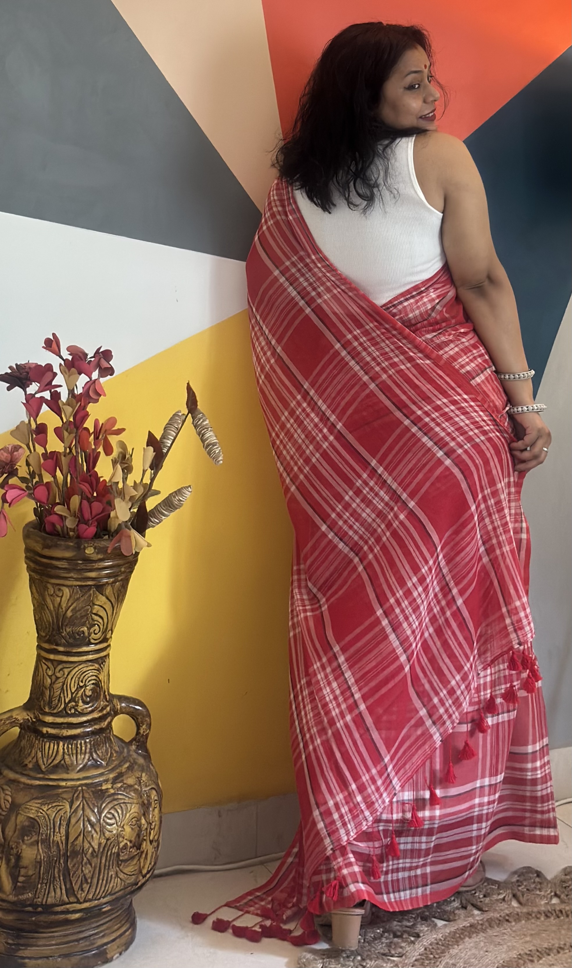 Cotton check sari — photo 5