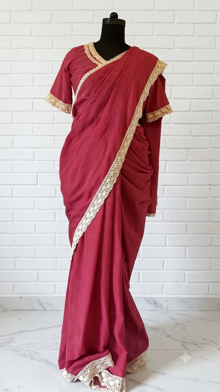 Combo set of Handloom check sari &Ready blouse — photo 4