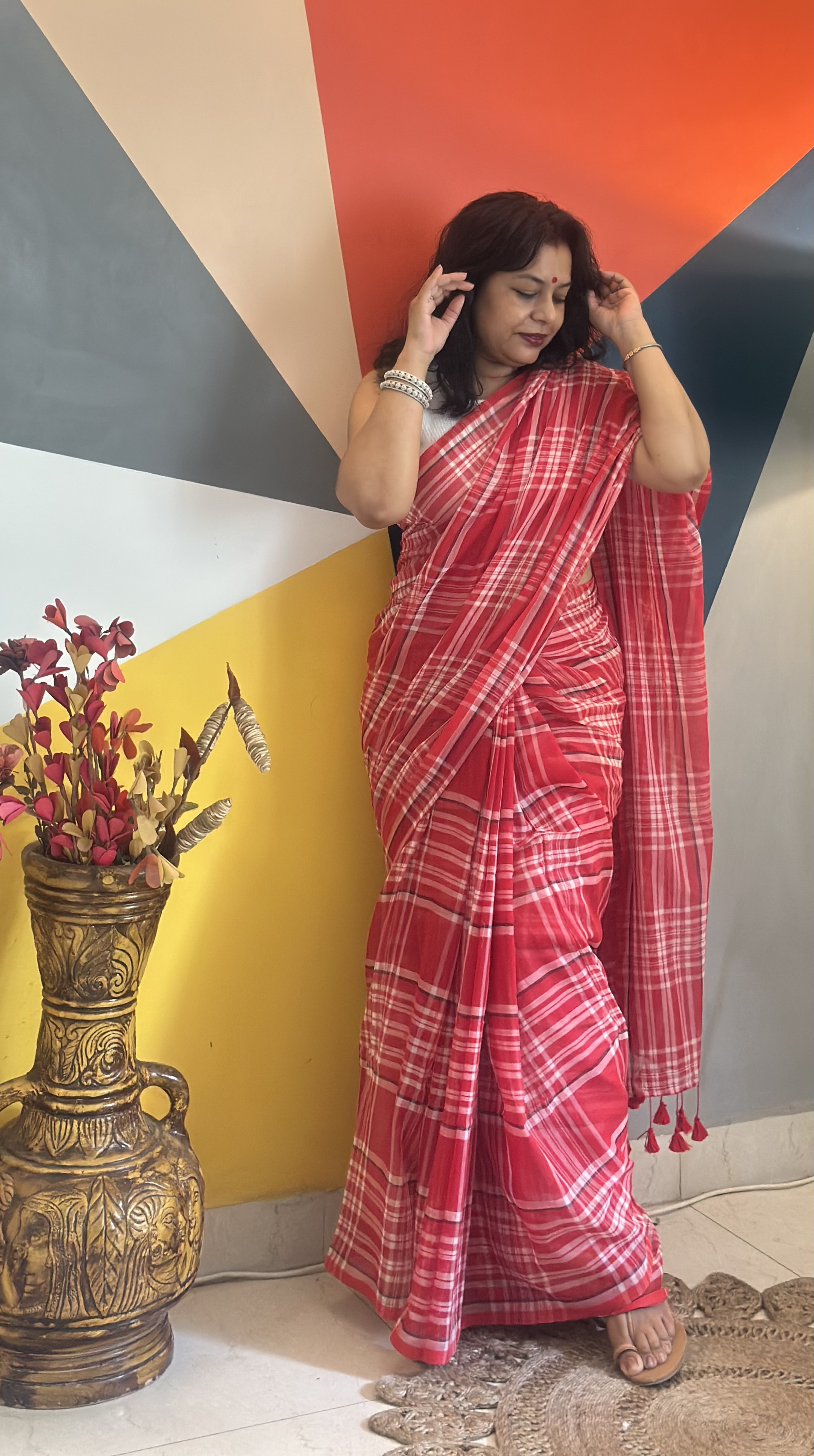 Cotton check sari — alternate view