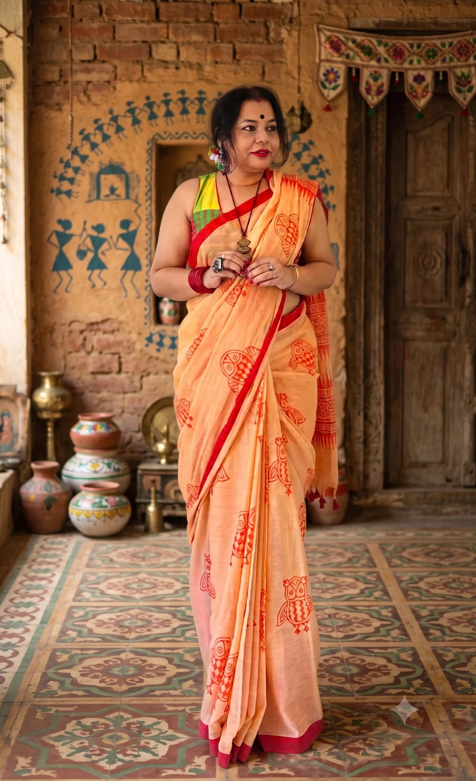 Handblock printed khadi saree with blouse piece — photo 2