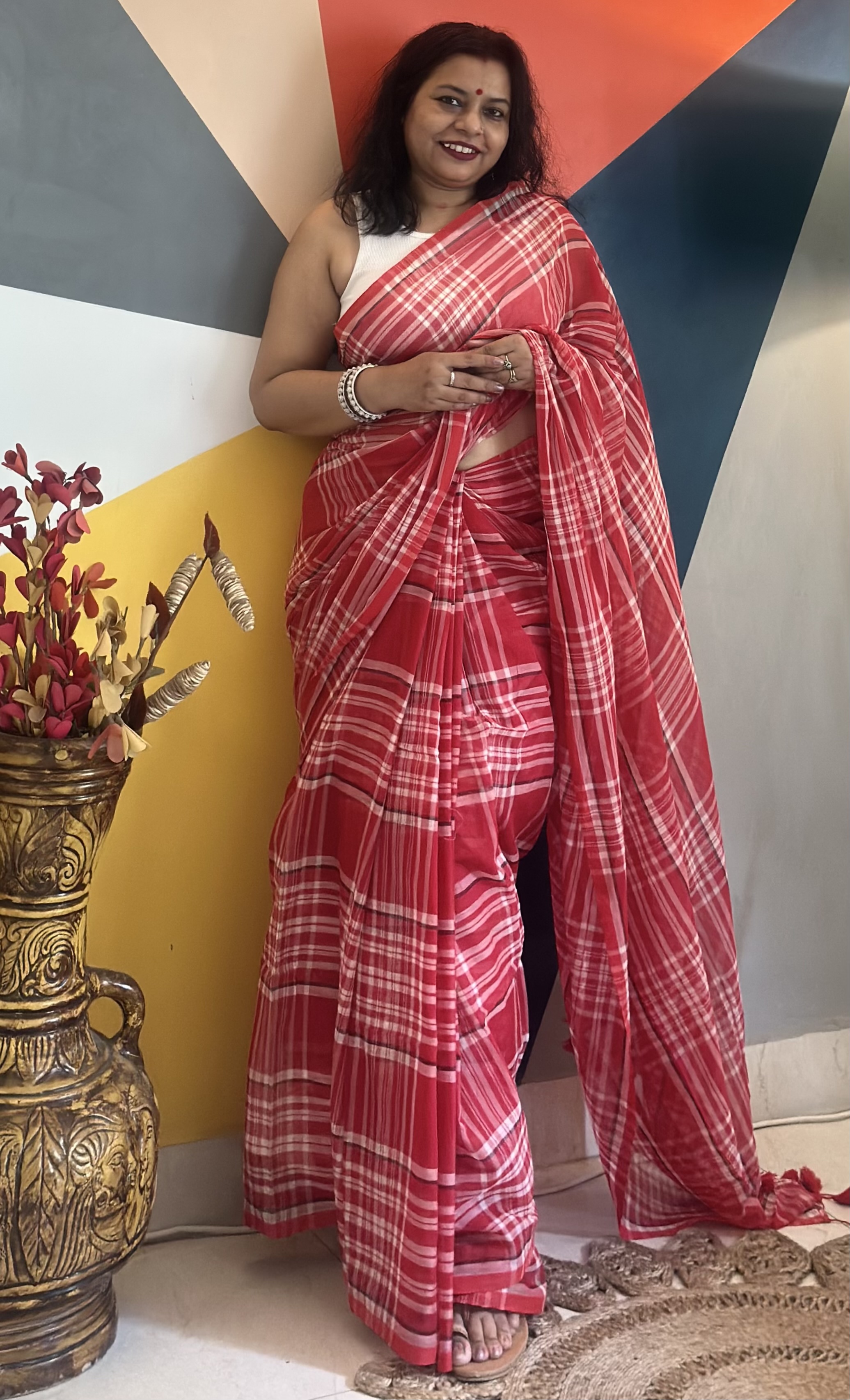 Cotton check sari