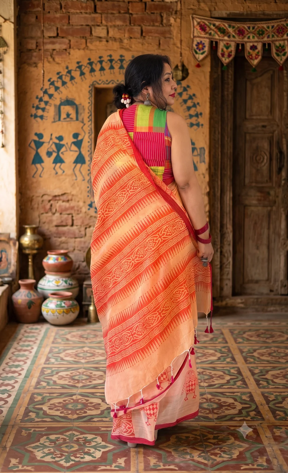 Handblock printed khadi saree with blouse piece — alternate view