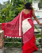 Patchwork gamcha saree with blouse piece in multicolour - Image 3