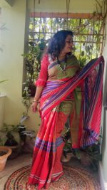 Patchwork gamcha saree with blouse piece in multicolour - Image 4