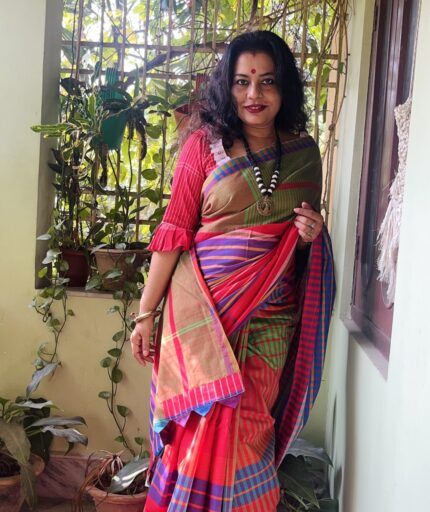 Patchwork gamcha saree with blouse piece in multicolour
