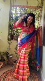patchwork gamcha saree with blouse piece in multicolour