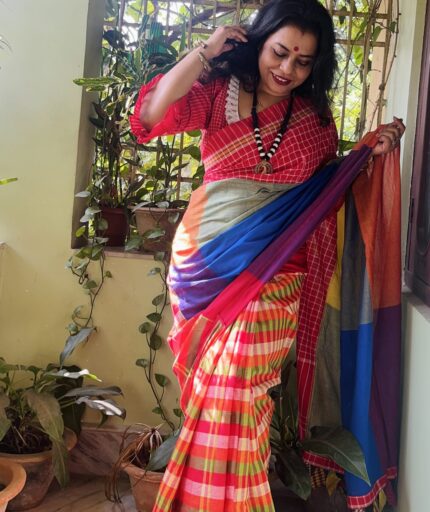 patchwork gamcha saree with blouse piece in multicolour