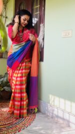patchwork gamcha saree with blouse piece in multicolour - Image 4