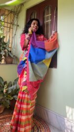 patchwork gamcha saree with blouse piece in multicolour - Image 5