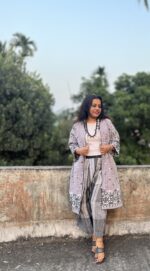 Tribal handwoven fabric long shrug with lining, pockets and lace.