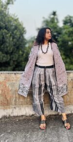 Tribal handwoven fabric long shrug with lining, pockets and lace. - Image 2