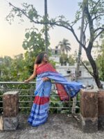 patchwork gamcha saree with blouse piece in multicolor - Image 3