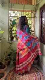 Patchwork gamcha saree with blouse piece in multicolour - Image 3