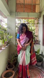 Patchwork gamcha saree with blouse piece in multicolour - Image 2