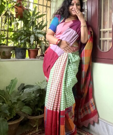 Patchwork gamcha saree with blouse piece in multicolour