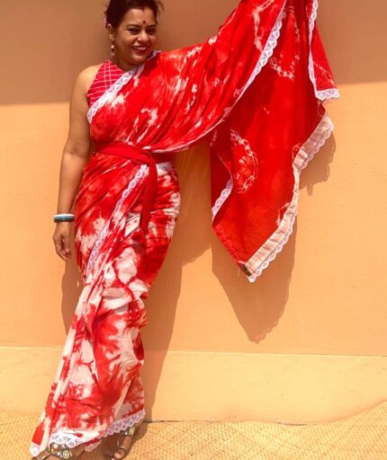 Tye-n-Dye Mulmul Saree with Lace Border