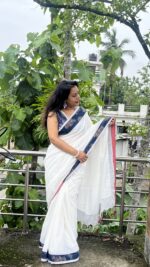 White cotton saree with indigo border and lace work - Image 5