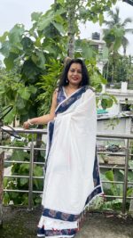 White cotton saree with indigo border and lace work - Image 3